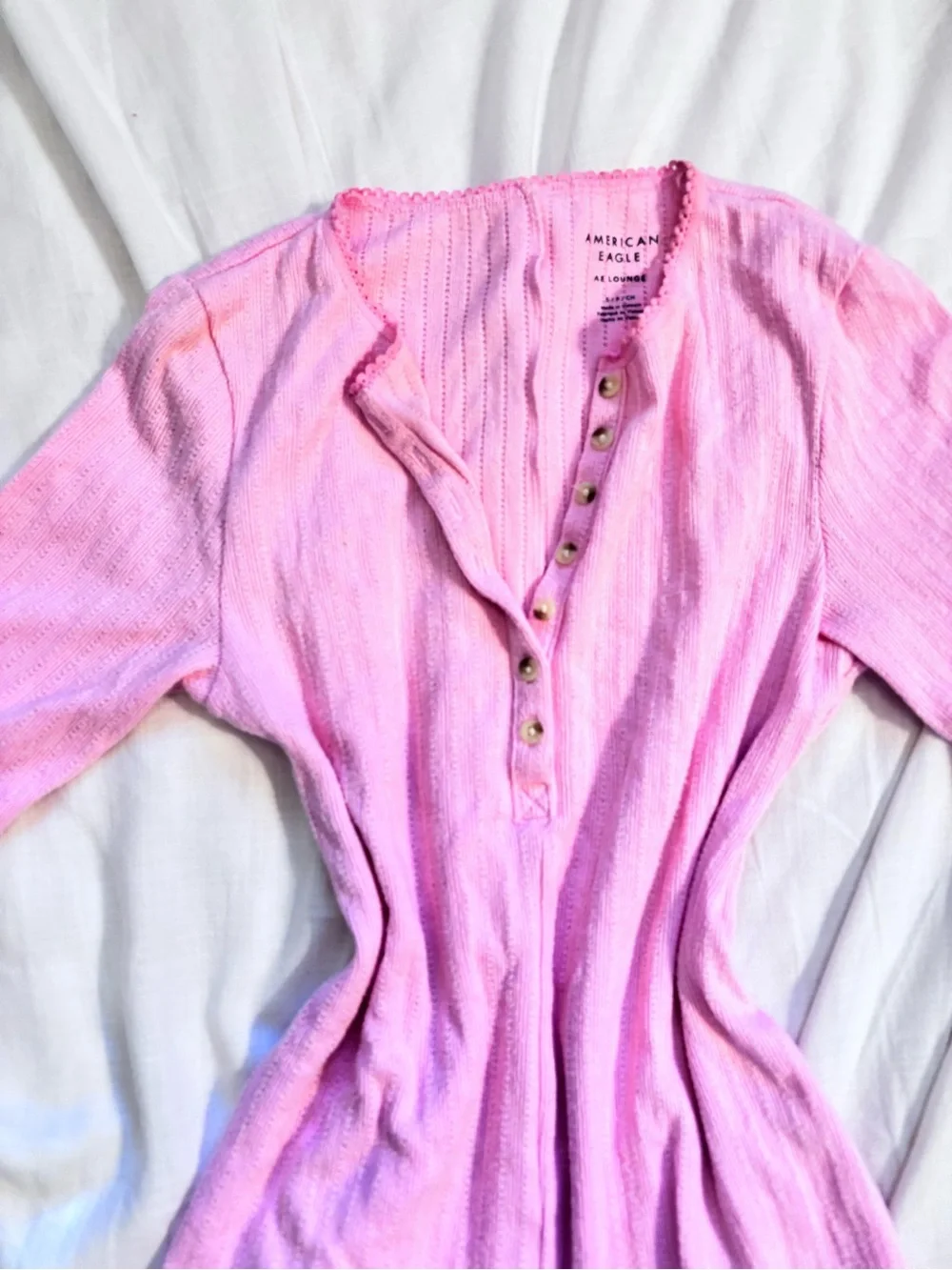 American Eagle Pink Ribbed Long-Sleeve Henley Romper